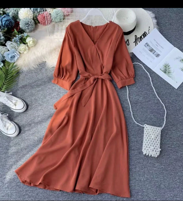 Rust V Neck Dress