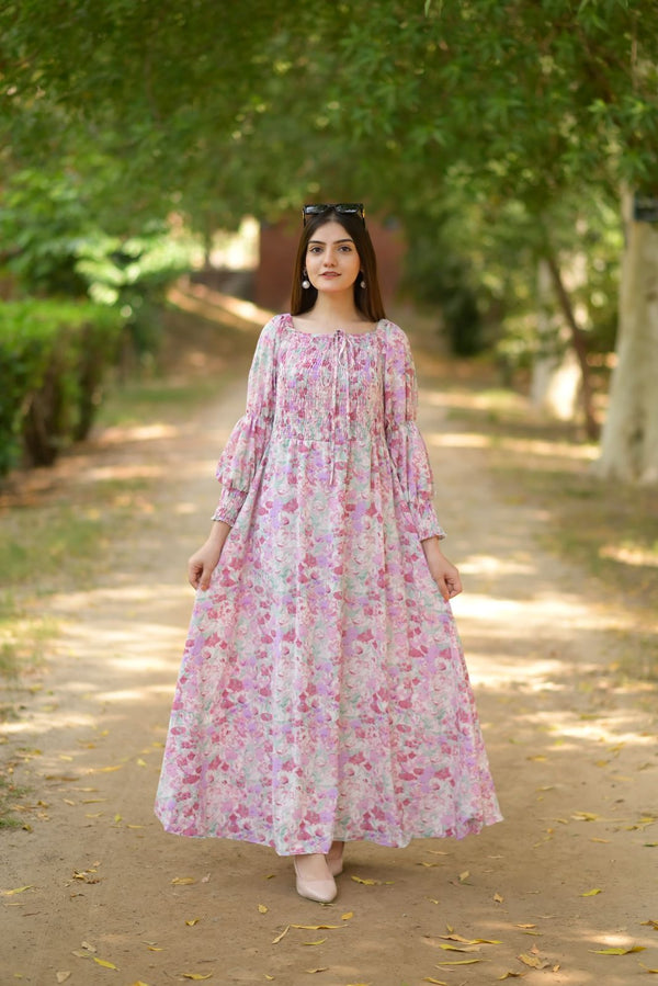 Pink Smoked Bodice Dress