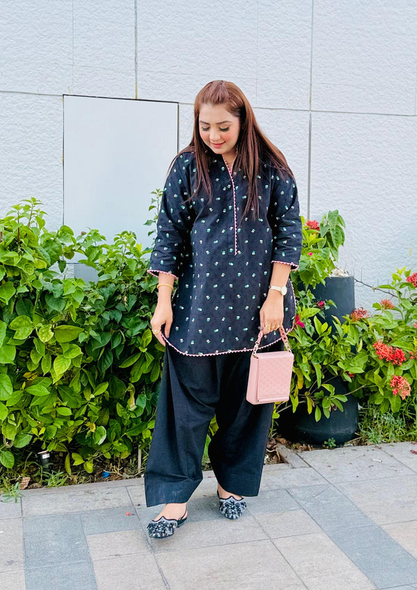 Black and Pink Embroidery Suit